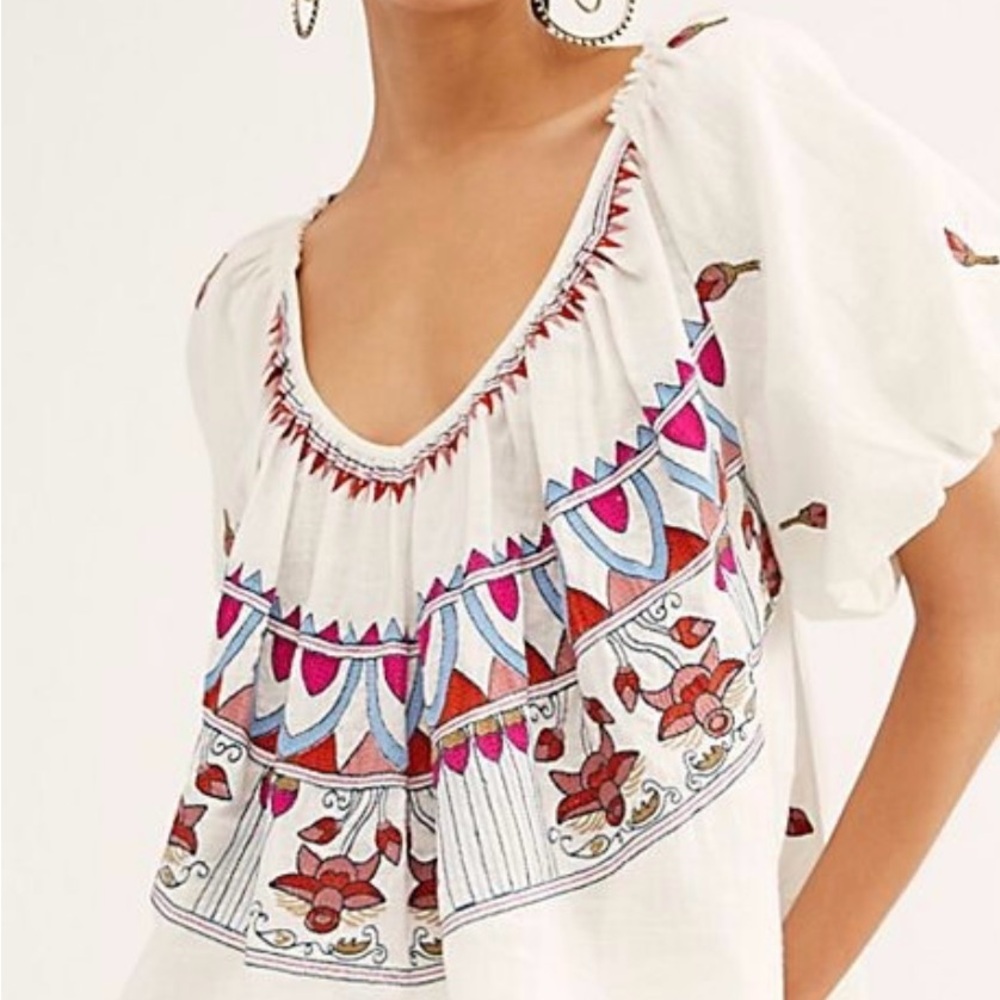 Free People White Blouse with Embroidery.  Off the shoulder